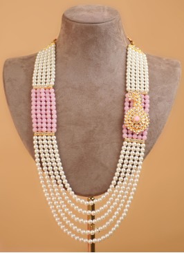White And Pink Groom Wear Pearl Mala