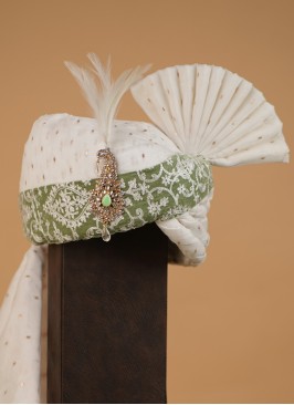 White And Pista Green Thread Embroidered Turban