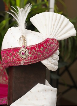 White And Rani Embroidered Safa For Groom