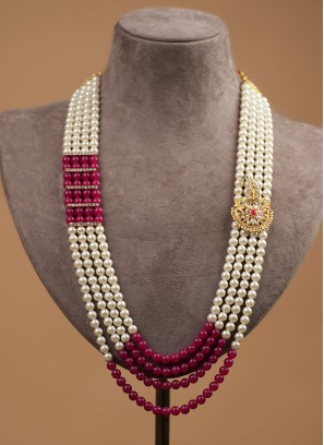 White And Rani Four Layered Pearl Mala For Groom