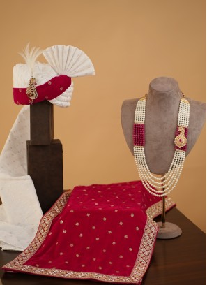 White And Rani Wedding Turban, Dupatta And Mala Set