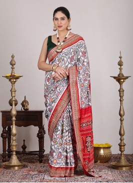 White & Red Patola Woven Pure Silk Saree