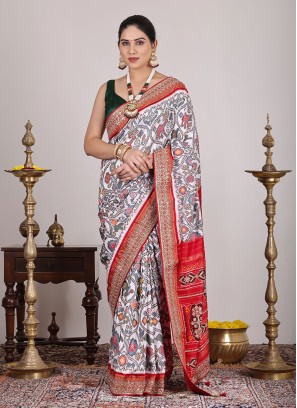 White & Red Patola Woven Pure Silk Saree