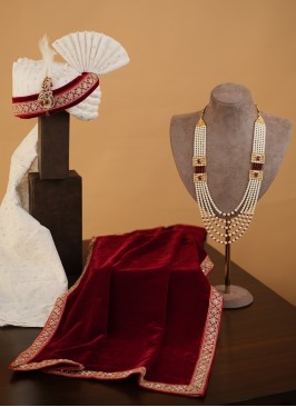 White And Red Embroidered Rajwadi Safa, Mala And Dupatta Set