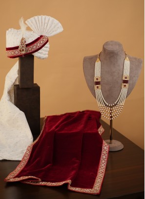 White And Red Embroidered Rajwadi Safa, Mala And Dupatta Set