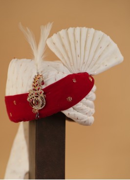 White And Red Handmade Groom Safa