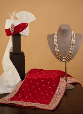 White And Red Handmade Safa, Dupatta And Mala Set For Groom