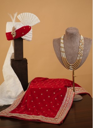 White And Red Handmade Safa, Dupatta And Mala Set For Groom