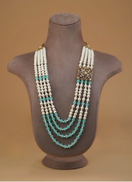 White And Turquoise Wedding Wear Mala For Men