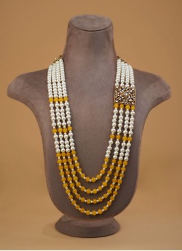 White And Yellow Wedding Wear Mala For Groom