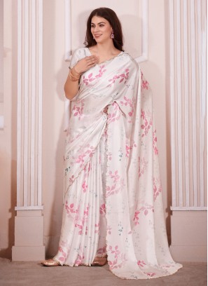White Color Satin Saree With Floral Print