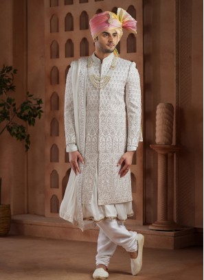 White Embroidered Anarkali Style Sherwani In Art Silk