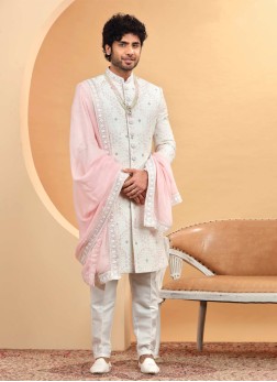 White Embroidered Sherwani Set In Silk