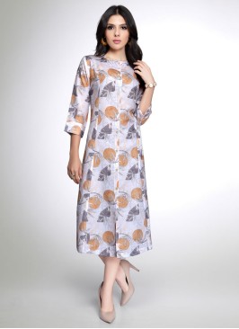 White Fancy Printed Kurti In Cotton Silk