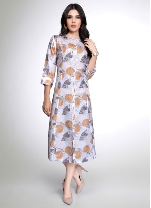 White Fancy Printed Kurti In Cotton Silk