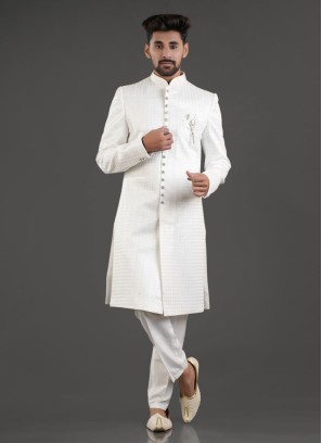 White Festive Wear Thread Embroidered Indowestern Set