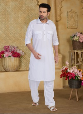 White Pathani Kurta Set In Cotton Silk