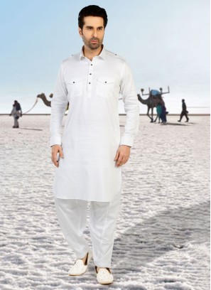 White Pathani Kurta Set In Slub Cotton