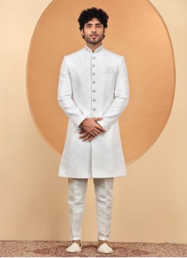 White Thread Embroidered Indowestern Set