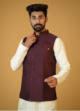 Wine Color Jacquard Silk Wedding Nehru Jacket