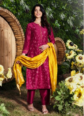 Wine Color Silk Pant Style Suit With Mustard Yellow Dupatta
