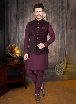 Wine Embroidered Festive Special Nehru Jacket Set