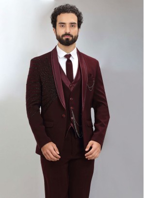 Wine Embroidered Tuxedo Suit In Imported Fabric
