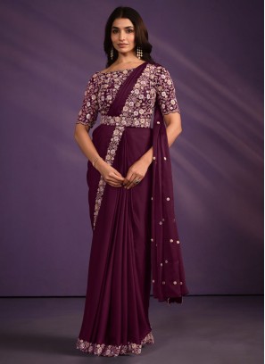 Wine Fancy Party Wear Saree With Embroidered Choli