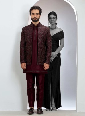 Wine Indowestern Set With Embroidered Detail