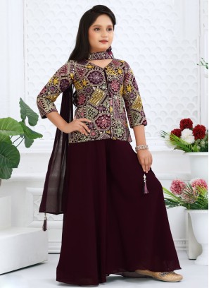 Wine Palazzo Suit Set With Resham Embroidery