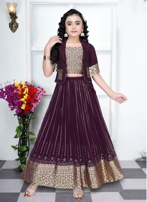 Wine Sequins Embroidered Lehenga Choli With Jacket