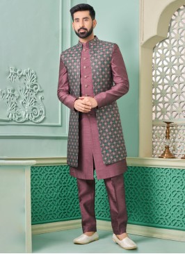 Wine Silk Jacket Style Indowestern Set For Men