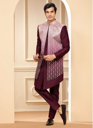 Wine Thread Embroidered Jacket Style Indowestern Set