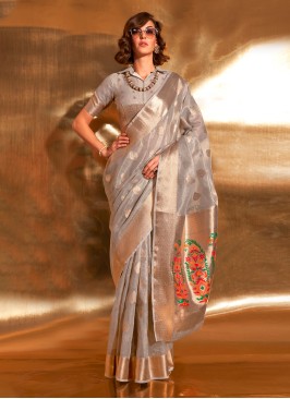 Grey Zari Weaving Contemporary Tissue Saree