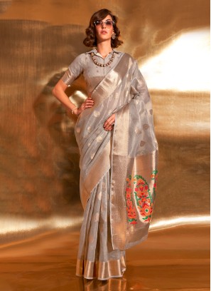 Grey Zari Weaving Contemporary Tissue Saree