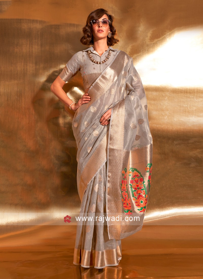 Buy Grey Sequins Tissue Saree - Koskii