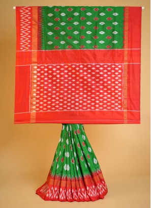 Green And Red Patola Pure Silk Saree