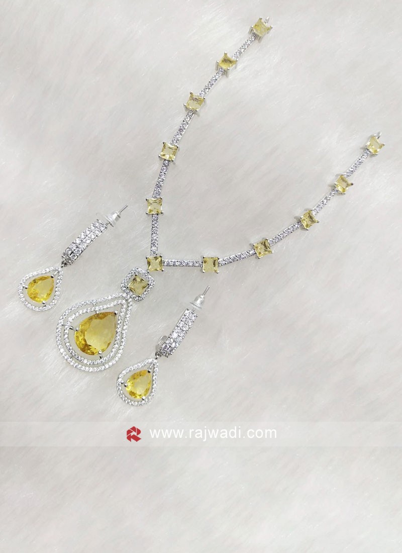 Yellow American Diamond Studded Necklace Set