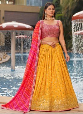 Yellow And Pink Sequins Embroidered Lehenga Choli