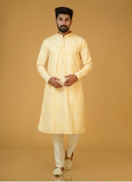 Yellow And White Fancy Printed Kurta Pajama