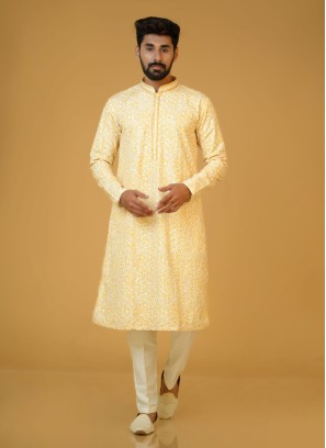 Yellow And White Fancy Printed Kurta Pajama