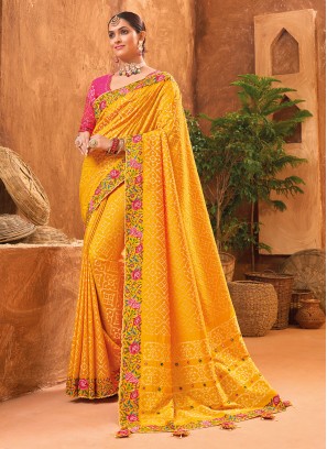 Yellow Kachhi Embroidered Banarasi Silk Wedding Saree