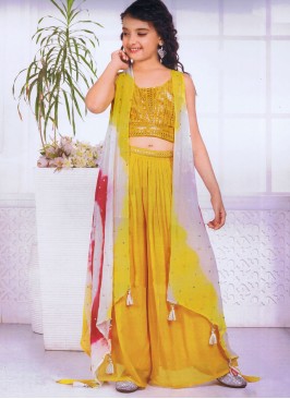 Yellow Chiffon Palazzo With Embroidered Crop Top And Jacket