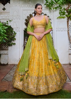 Yellow Chiffon Silk Embroidered Lehenga With Ready