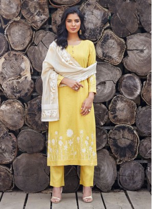 Yellow Color Linen fabric Pant Style Salwar Suit