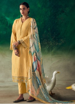 Yellow Color Pant Style Muslin Dress Material