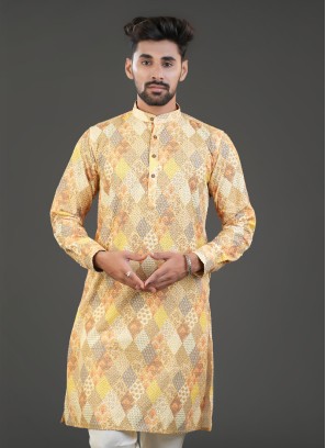 Yellow Cotton Silk Embroidered Kurta For Men