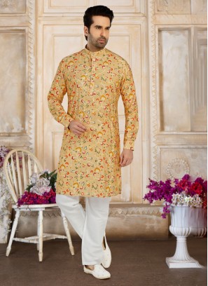 Yellow Cotton Silk Kurta Set With Fancy Print Work