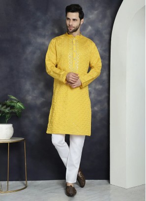 Yellow Cotton Silk Readymade Kurta Pajama