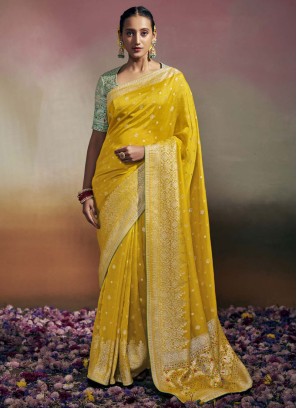 Yellow Designer Dola Silk Festive Wear Saree
